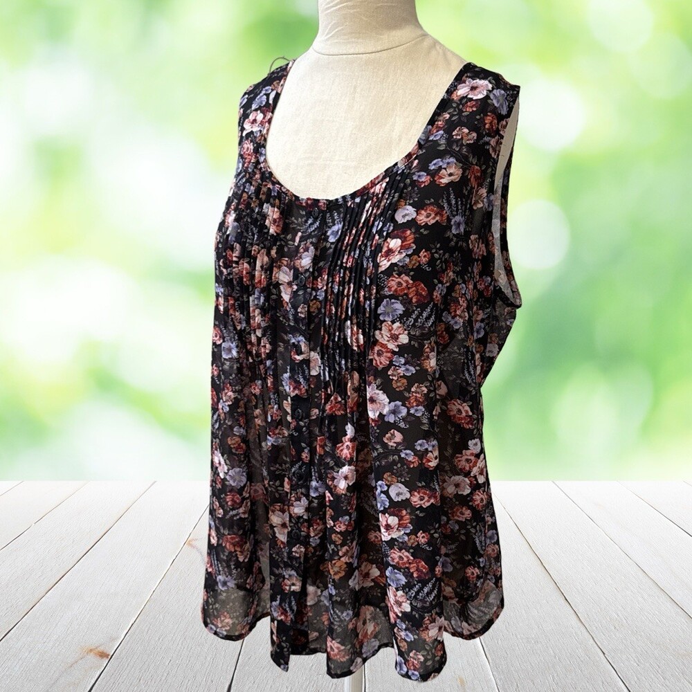AMERICAN RAG Dark Floral Chiffon Tunic Top Pintuck Tie Back Cottagecore Plus 1X